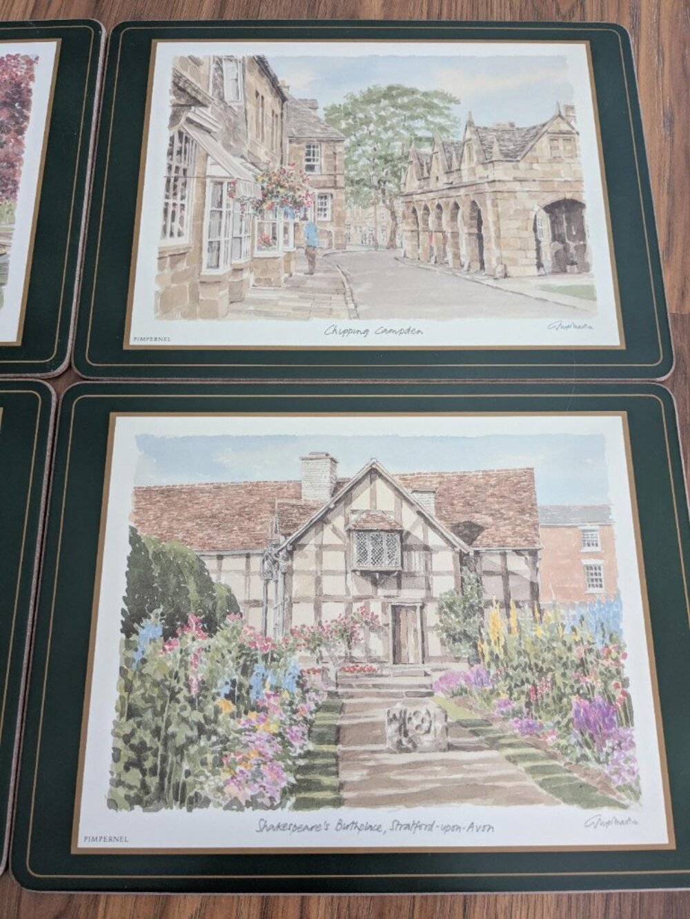 VTG. Pimpernel Cottagecore Village Scenes Dk. Green Rim Cork Back Placemats 9X12